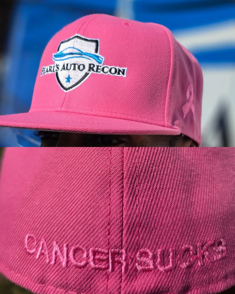 Pink Pearl's Auto Recon hat: the original embroidered business logo above a close-up of the cancer-awareness message