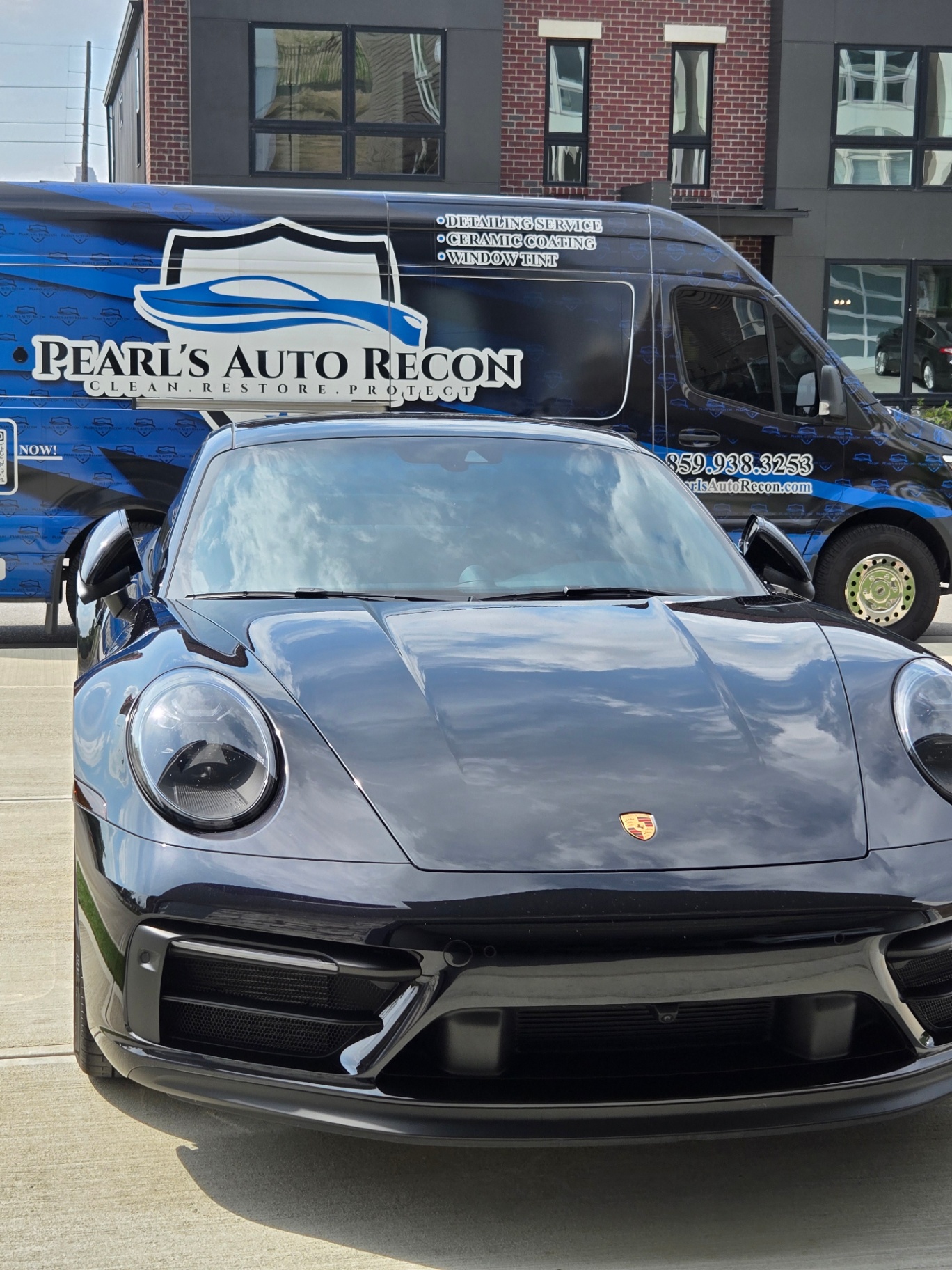 Porsche 911 Carrera GTS mobile detailing with Pearl's Auto Recon van