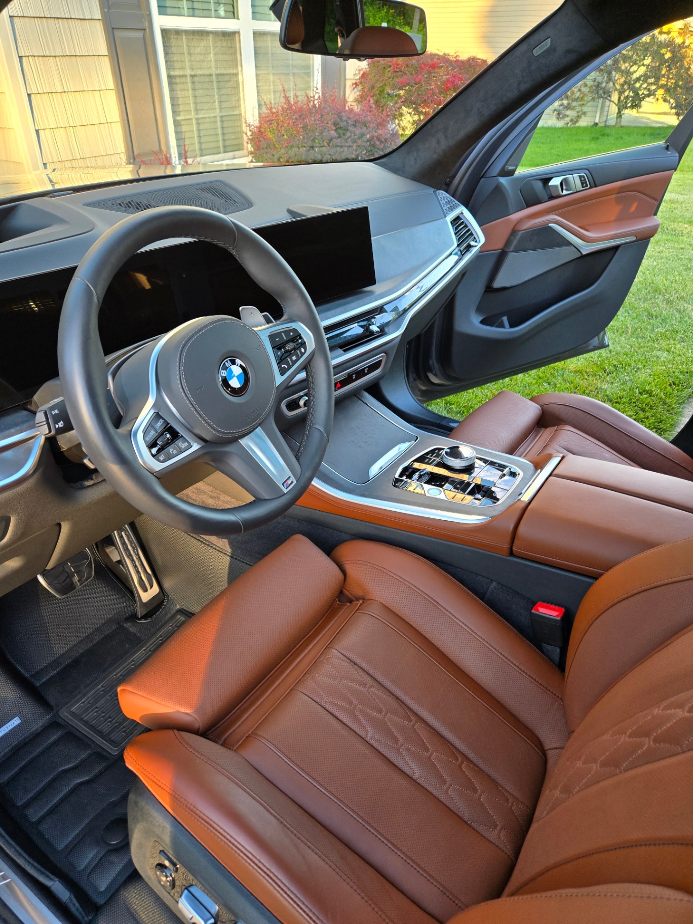 BMW luxury interior detail on cognac leather seats